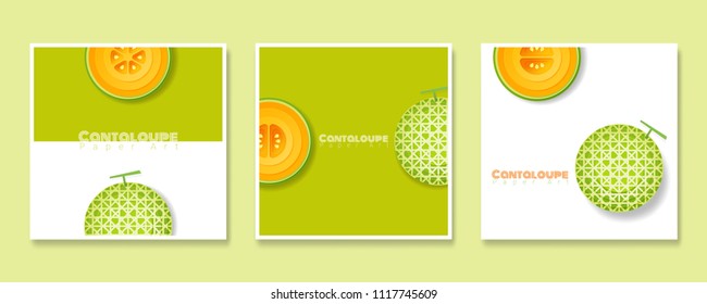Set of fruit banners with cantaloupe melon in paper art style , vector , illustration