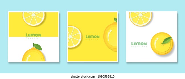 Set of fruit banners with lemon in paper art style , vector , illustration