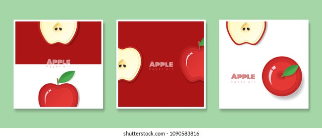 Set of fruit banners with red apple in paper art style , vector , illustration