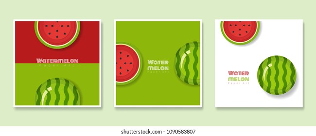 Set of fruit banners with watermelon in paper art style , vector , illustration