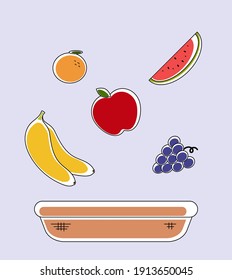 set of fruit. fruit and basket vector isolated. apple. orange. banana. grape. watermelon. fruit outline collection.