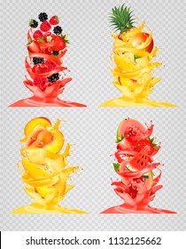 Set of fruit and berries in juice splashes. Strawberry, guava, watermelon, pineapple, peach, raspberry, blackberry, blueberry, lychee. Vector.