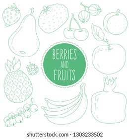 Set of fruit and berries in the style of Doodle: Apple, pear, tangerine, strawberry, cherry, gooseberry, apricot, pineapple, raspberry, pomegranate, banana, currant. Vector