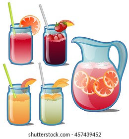 Set of fruit and berry cocktails isolated on white background. Vector cartoon close-up illustration.