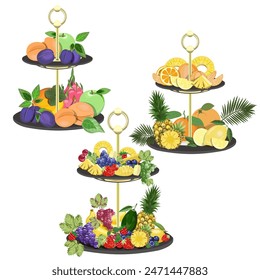 Set of fruit and berry desserts on decorative plates isolated on a white background.Vector fruit compositions for summer holiday designs.