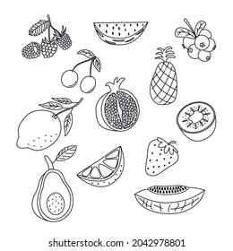 Set of fruit and berry doodles. Black and white vector illustration outline style. White isolated background.