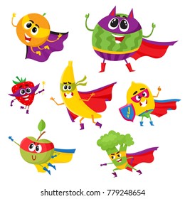 Set of fruit and berry hero, superhero characters in capes and masks, cute cartoon vector illustration isolated on white background. Funny cartoon fruit and berry hero, superhero character set