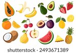 Set of fruit and berry icons. Natural tropical fruits.  Papaya, banana, avocado, pineapple, coconut, strawberry, watermelon, orange, lemon, cherry, plum, pear, apple. Vector illustration. Isolated