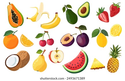 Conjunto de iconos de frutas y bayas. Frutas tropicales naturales.  Papaya, plátano, aguacate, piña, coco, fresa, sandía, naranja, limón, cereza, ciruela, pera, manzana. Ilustración vectorial. Aislado