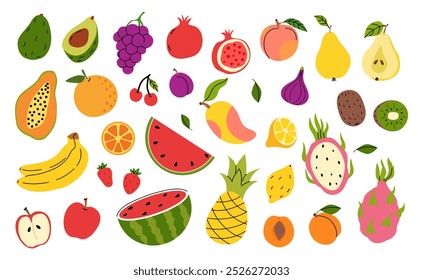 Set of fruit and berry icons. Natural tropical fruits. Papaya, banana, avocado, pineapple, coconut, strawberry, watermelon, orange, lemon, cherry, plum, pear, apple. Vector illustration. Isolated