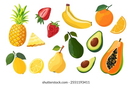 Conjunto de ícones de fruta e baga. Frutos tropicais naturais. Mamão, banana, abacate, abacaxi, morango, laranja, limão, pera. Ilustração vetorial. Isolado