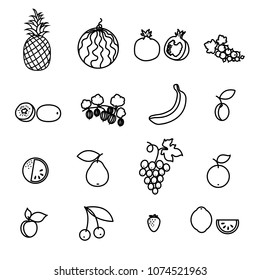 Set of fruit and berry line icons. Pineapple, watermelon, pomegranate, currant, kiwi, gooseberry, banana, plum, orange, pear, grapes, apple, apricot, cherry, strawberry and lemon. Vector Illustration 