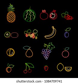 Set of fruit and berry line icons. Pineapple, watermelon, pomegranate, currant, kiwi, gooseberry, banana, plum, orange, pear, grapes, apple, apricot, cherry, strawberry and lemon. Vector Illustration 