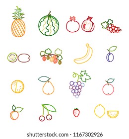 Set of fruit and berry line icons. Pineapple, watermelon, pomegranate, currant, kiwi, gooseberry, banana, plum, orange, pear, grapes, apple, apricot, cherry, strawberry and lemon. Vector Illustration 
