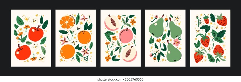 Set fruit and berry posters in cartoon abstract minimalist style. Trendy doodle banners for wall decor, postcards, business cards.