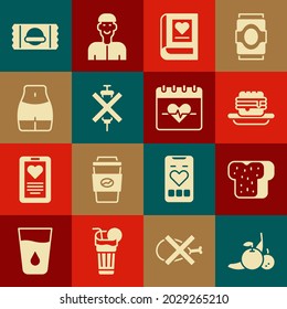 Set Fruit, Bread toast, Junk food, Medical book, No doping syringe, Women waist, Sports nutrition and Heart rate icon. Vector