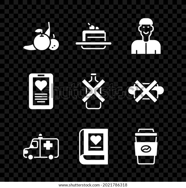 Set Fruit, Cake, Positive thinking, Ambulance and\
emergency car, Medical book, Coffee cup to go, clipboard and No\
alcohol icon. Vector