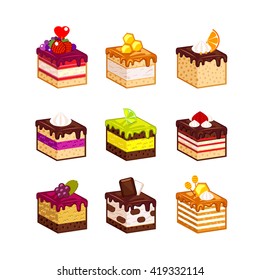 Set with fruit cake slices. Different taste and color. Pieces of cake. Vector illustration. Isometric.