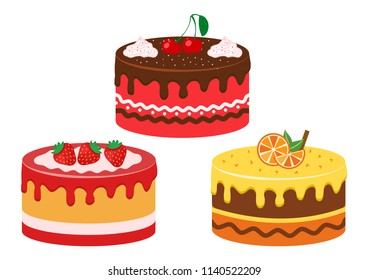 Set of fruit cakes. Strawberry, cherry and citrus. Vector illustration