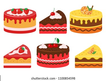 Set of fruit cakes, whole and slice. Strawberry, cherry and citrus. Vector illustration