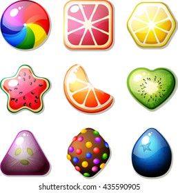 Set of fruit candies for match 3 puzzle game