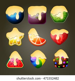 Set of fruit candies for match three puzzle game with chocolate topping