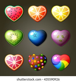 Set Of Fruit Candy Hearts For Match Three Game Or Other Puzzle Game