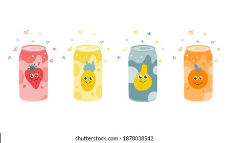 Conjunto de bebidas carbonatadas de fruta. Fresa, piña, naranja, pera. Ilustración plana vectorial sobre fondo blanco