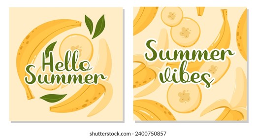 Juego de cartas de fruta con mensajes de texto hola en verano y vibraciones de verano. Composición bananera con hojas. Ilustración vectorial cuadrada para banner, afiche, volante, medios sociales