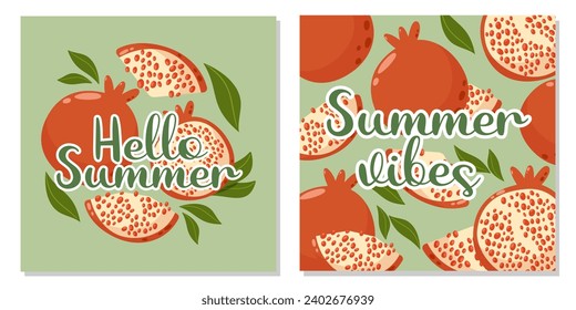 Set of fruit cards with text hello summer and summer vibes. Pomegranate composition and background with leaves. Vector square illustration for banner, poster, flyer, social media	