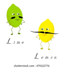Set of fruit cartoon characters with mustache. The green lime with a short mustache. The yellow lemon with a long mustache.