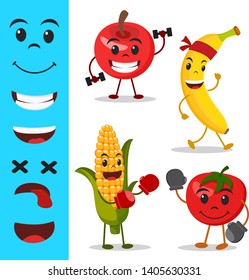 Set of fruit characters with different faces playing sports on white background.