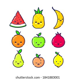 Set Fruit Characters Funny Faces Linear Stock Vector (Royalty Free ...