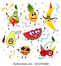 Set of fruit characters having fun at birthday party, dancing, singing, making selfie, cute cartoon vector illustration isolated on white background. Set of funny fruit characters having party