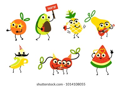 Set of fruit characters having fun at birthday party, dancing, singing, playing guitar, flat cartoon vector illustration isolated on white background. Set of funny fruit characters having party