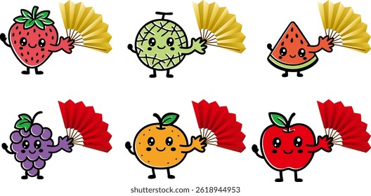 Set of fruit characters holding folding fans