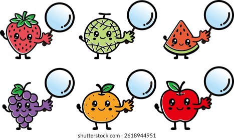 Set of fruit characters holding magnifying glasses