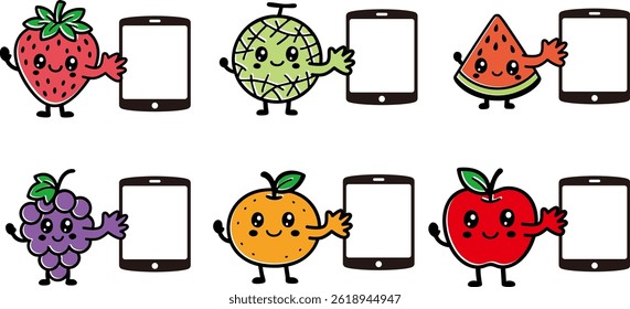 Set of fruit characters holding tablets