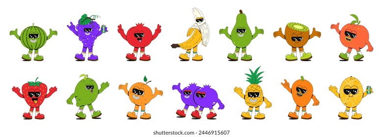 Set of fruit characters in retro groovy style. Vector illustration of fruit stickers with hands, feet and cute faces on a white isolated background.