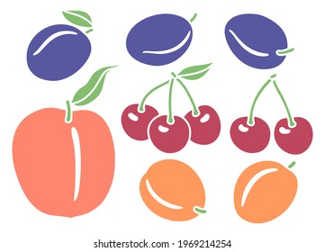 Set of fruit: cherries, plums, peach, and apricots