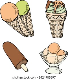 A set of fruit and chocolate ice cream