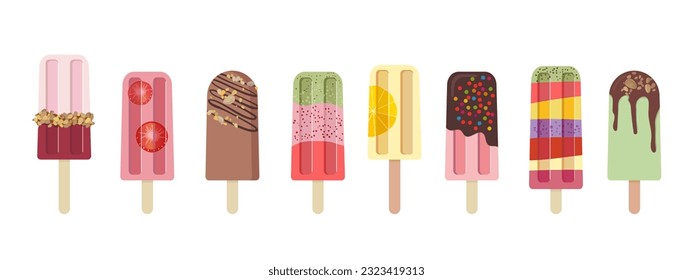 Set of fruit and chocolate popsicles, ice cream realistic, frozen dessert. Vector illustration