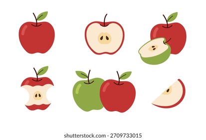 Set of fruit clip art, drawing of red and green apples, isolated on white, vibrant colors. Flat color minimal cartoon style. Colorful hand drawn vector illustration