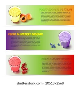 A set of fruit cocktail banners. Vector illustration of realistic glasses with fruit cocktails and berries. A sketch for creativity.