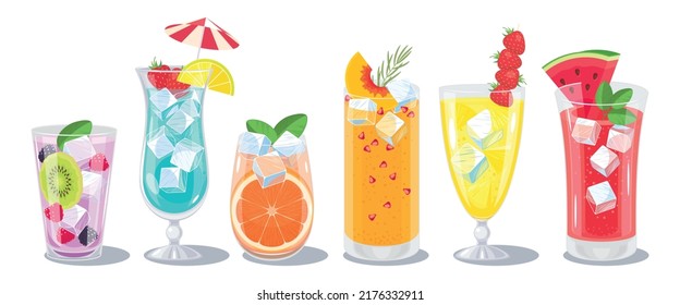 Set of fruit cocktail with fruits and berries, ice cubes and mint leaves in a glass. Summer refreshment, juicy cold drink. Vector illustartion, object, simbol, icon isolated