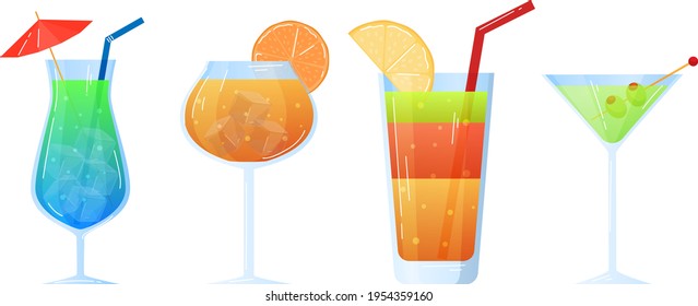 Set fruit cocktails, alcoholic drinks, cocktail party, pink liquor, design cartoon style vector illustration, isolated on white.