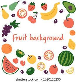 Set fruit collection with place for text. Avocado,kiwi,orange,strawberries, banana, apple, pear, lemon, watermelon, grapes. Vector illustration in cartoon flat style.