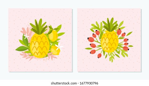 Conjunto de composición de frutas con verduras y flor. Piña, limones y rosa de perro. Tarjetas de felicitación, invitación, papel pintado, papelería, diseño de embalaje. Ilustración dibujada por la mano del vector.
