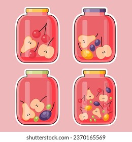 Set of fruit compote stickers. Homemade canned homemade fruit compote in a glass jar, sweet fruit drink, apple slices, pear slices, cherry, plum, grape
