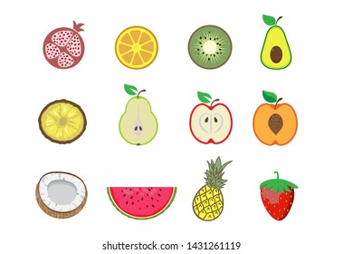 set of fruit in cut and whole. Apple, orange, kiwi, pomegranate, pineapple, avocado, strawberry, coconut, pear, peach, watermelon on white background
